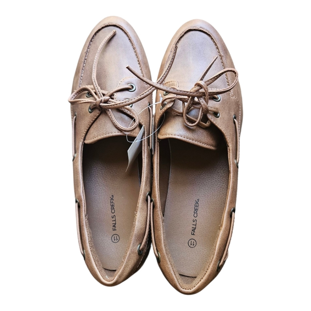 Falls Creek Faux Leather Shana Cognac Tan Boat Shoes Size 11 Casual Preppy - Picture 2 of 8